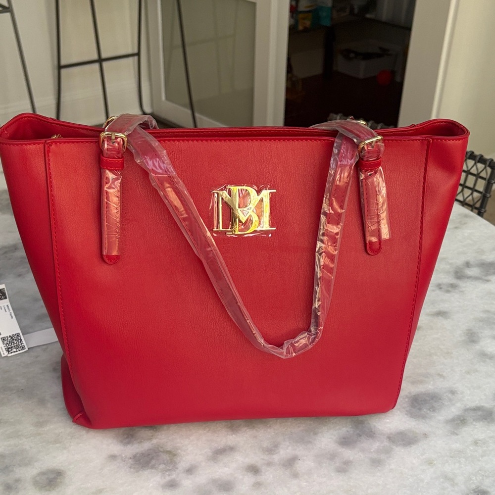 Badgley Mischka Large Tote Vegan Leather Red/Gold NWT - Picture 3 of 10